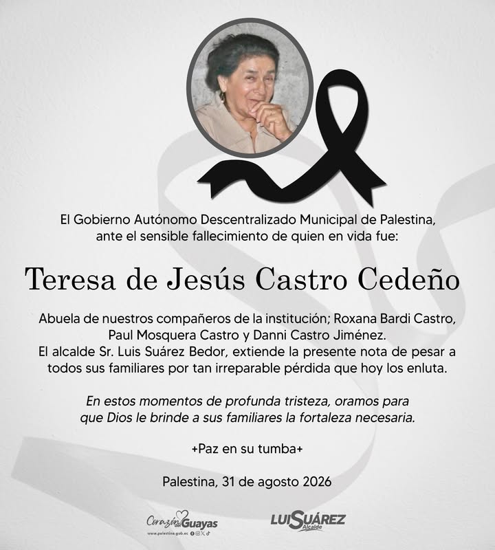 La Alcaldía de Palestina lamenta el fallecimiento de Teresa de Jesús Castro Cedeño