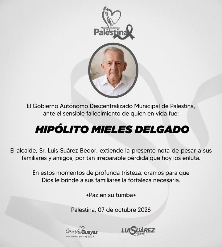 Alcaldía de Palestina lamenta el fallecimiento de Hipólito Mieles Delgado
