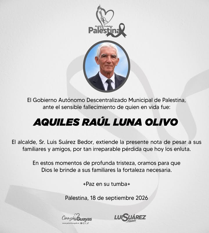 La Alcaldía de Palestina lamenta el fallecimiento de Aquiles Luna Olivo
