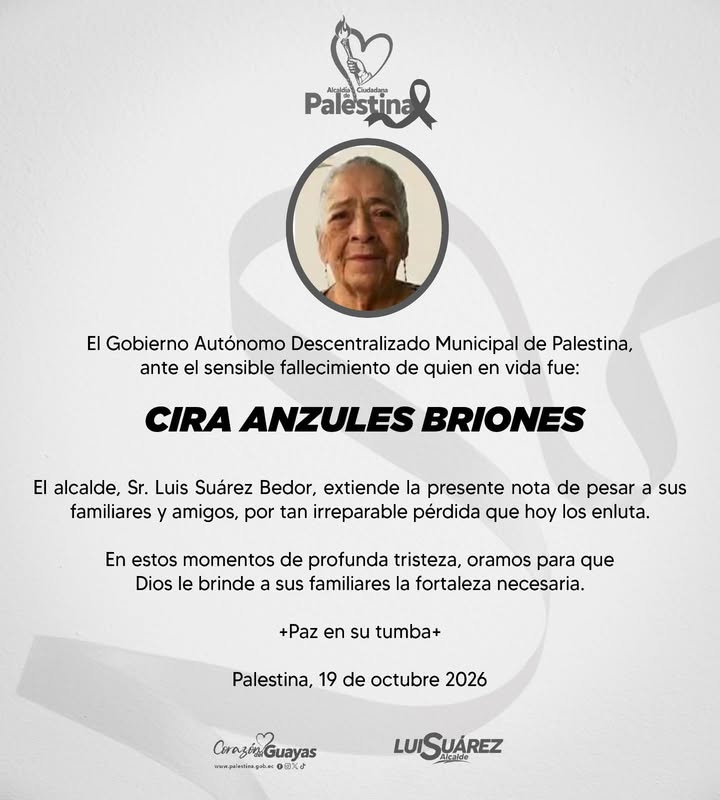 Alcaldía lamenta el fallecimiento de Cira Anzules Briones